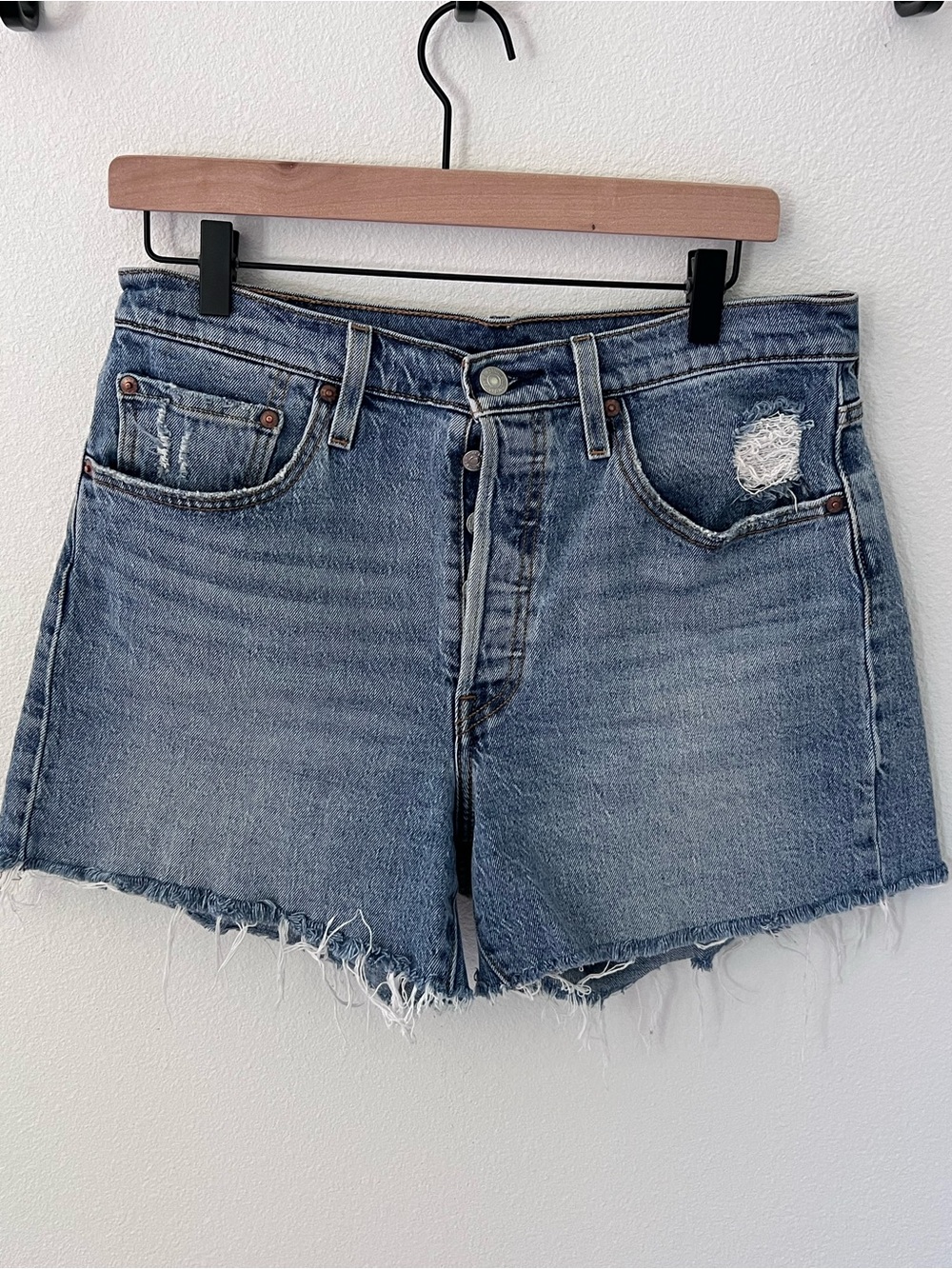 Levi's 501 Light Blue Distressed High-Rise Jean Shorts